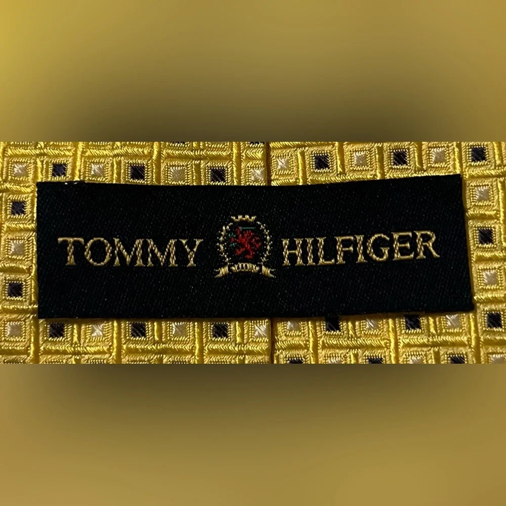 Tommy Hilfiger Tie Yellow With Blue White Squares 100% Silk Imported Made in USA